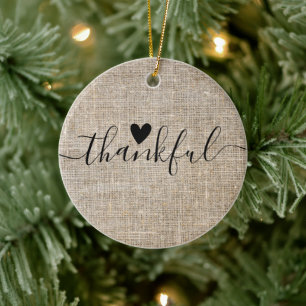 Rustic Burlap Farmhouse Thankful Ceramic Ornament