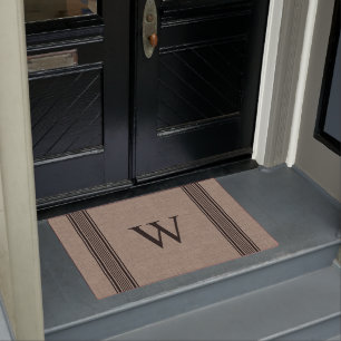 Rustic Burlap Farmhouse Ticking Stripe Monogram Doormat