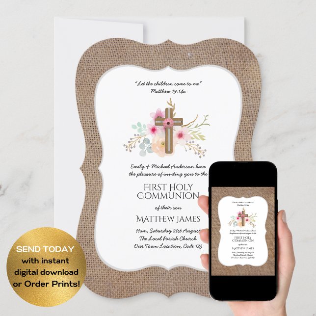 Rustic Burlap First Communion Invites Floral Cross (Creator Uploaded)