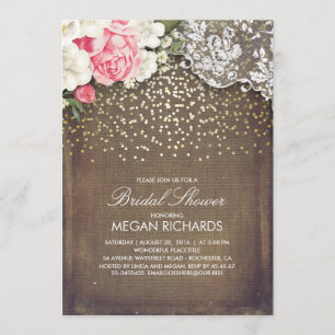 Rustic Burlap Floral Lace Gold Bridal Shower Invitation