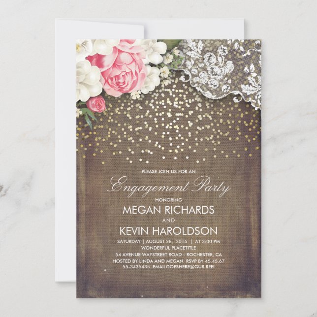 Rustic Burlap Floral Lace Gold Engagement Party Invitation (Front)