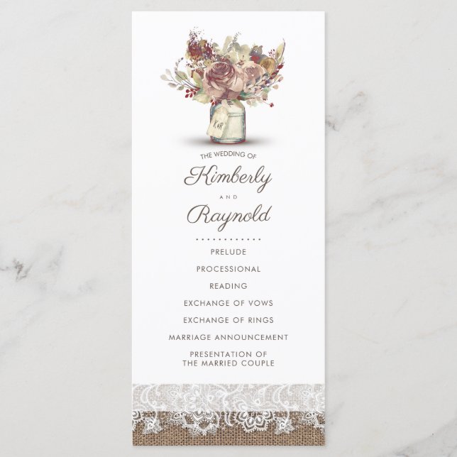 Rustic Burlap Floral Mason Jar Wedding Programs (Front)