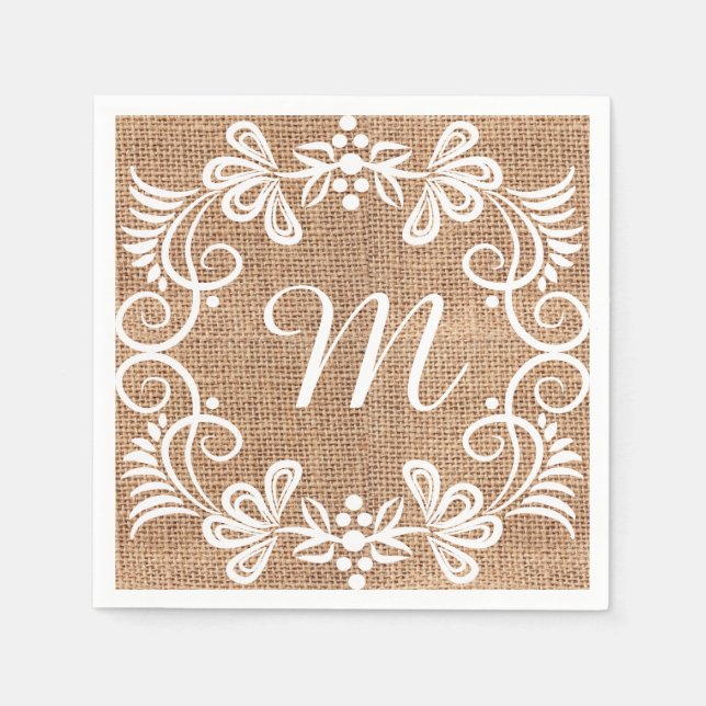 Rustic Burlap Floral Monogram Initial Napkin (Front)