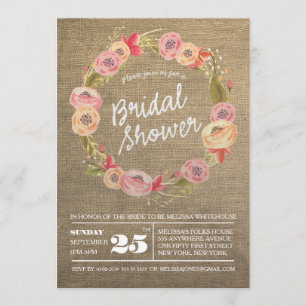 Rustic Burlap Floral Wreath Bridal Shower Invite