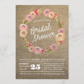 Rustic Burlap Floral Wreath Bridal Shower Invite