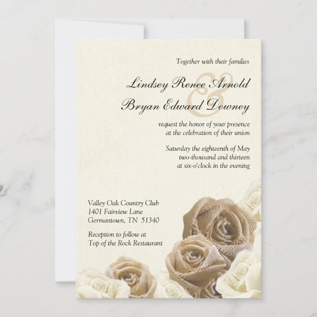 Rustic Burlap Flowers Roses Wedding Invitation (Front)