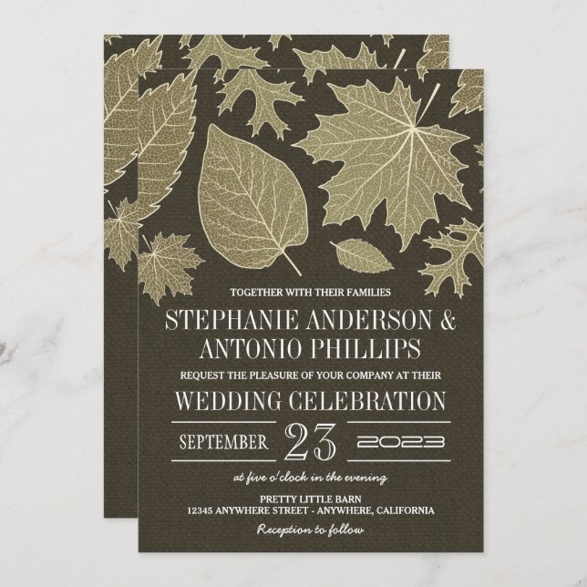Rustic Burlap Gold Fall Leaves Wedding Invitations (Front/Back)