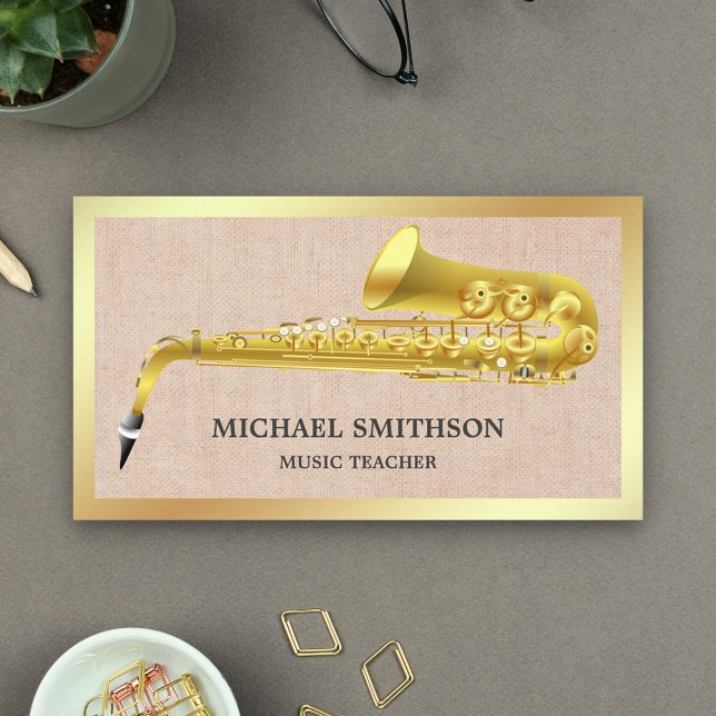 Rustic Burlap Gold Foil Saxophone Music Teacher Business Card (Creator Uploaded)