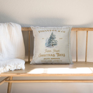 Rustic Burlap Gold Last Name Christmas Tree Farm  Cushion