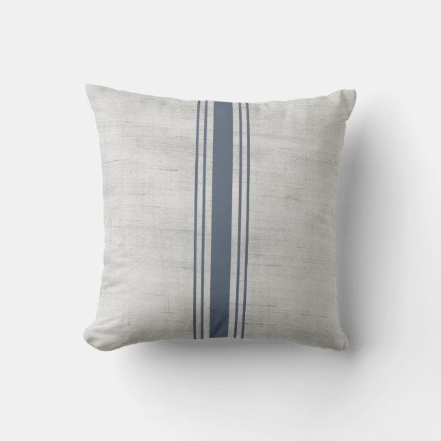 Rustic Burlap Grain Sack Blue Grey Striped Cushion (Front)