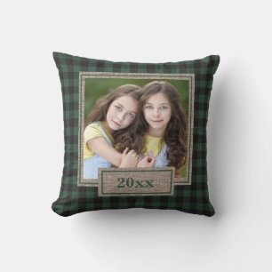Rustic Burlap Green Buffalo Plaid Christmas Photo Cushion