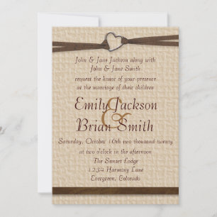 Rustic burlap heart clasp ribbon wedding invites