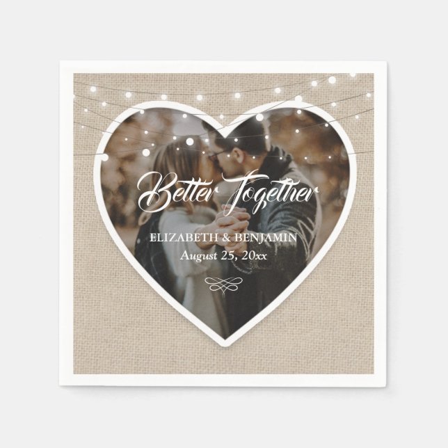 Rustic Burlap Heart String Lights Wedding Photo Napkin (Front)