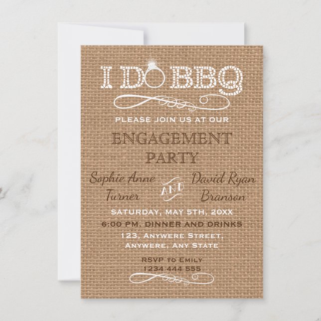 Rustic Burlap I DO BBQ Engagement Party Invitation (Front)