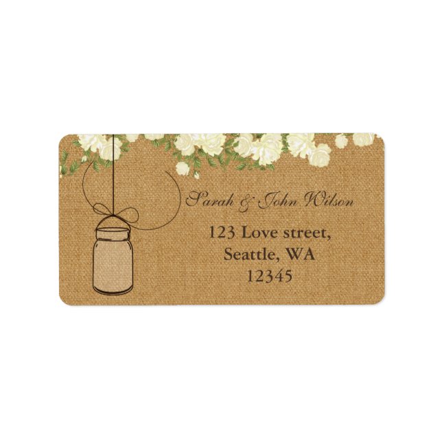 rustic burlap ivory roses mason jar address label (Front)