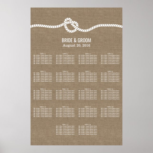 Rustic Burlap Knot 18 Tables Wedding Seating Chart (Front)
