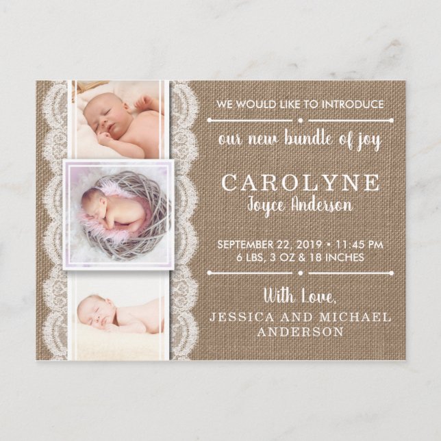 Rustic Burlap & Lace | 3 Photo Birth Announcement (Front)