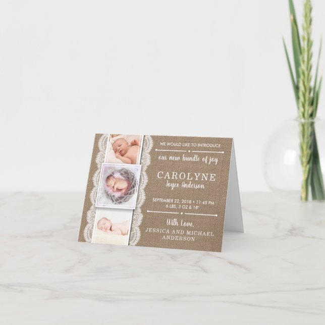 Rustic Burlap & Lace | 3 Photo Birth Announcement (Front)