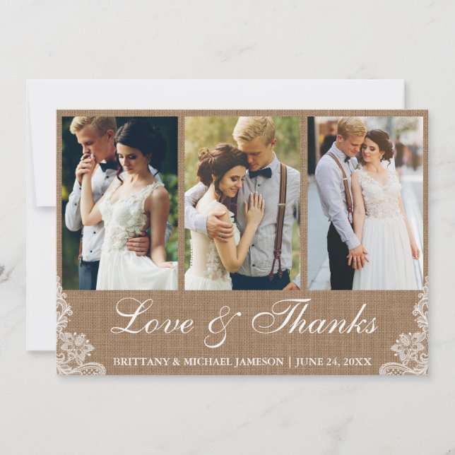 Rustic Burlap Lace 3 Photo Love and Thanks Thank You Card (Front)