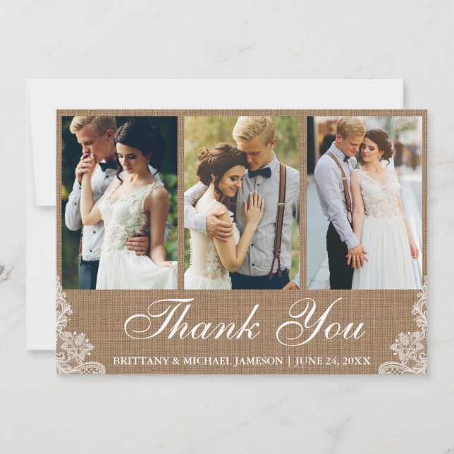 Rustic Burlap Lace 3 Photo Wedding Thank You Card (Front)