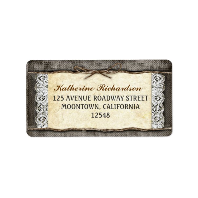 rustic burlap lace and rope ribbon address labels (Front)