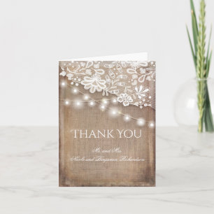 Rustic Burlap Lace and String Lights Thank You Card