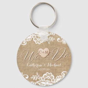 Rustic Burlap Lace and Wood Heart Name Initials  Key Ring
