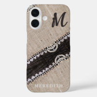 Rustic Burlap Lace Barn Wood Elegance Monogram