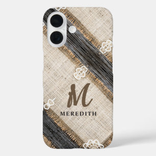 Rustic Burlap Lace Barn Wood Elegance Monogram iPhone 16 Case