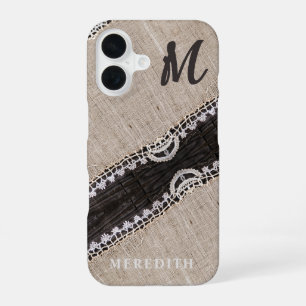 Rustic Burlap Lace Barn Wood Elegance Monogram iPhone 16 Case