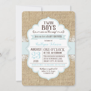 Rustic Burlap Lace Blue Baby Shower Invitation