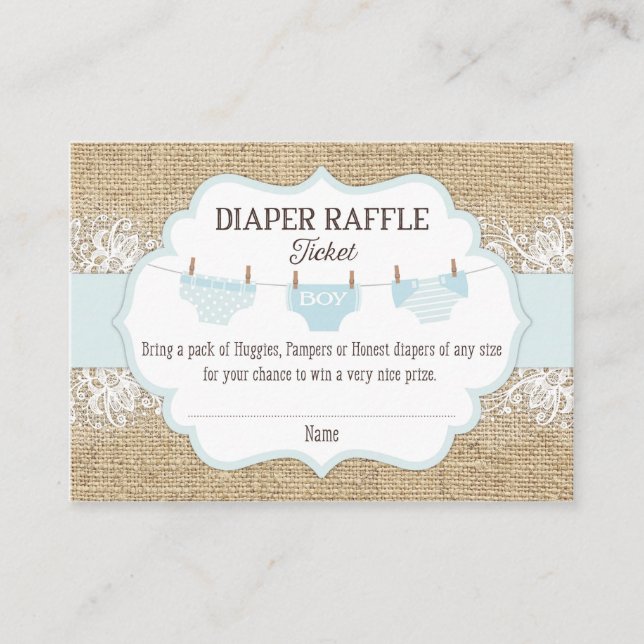 Rustic Burlap Lace Blue Boy Diaper Raffle Ticket Enclosure Card (Front)