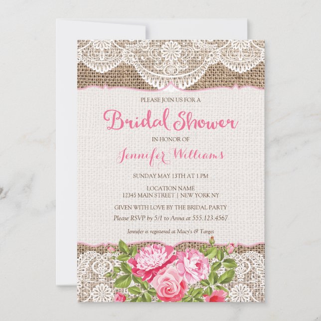 Rustic Burlap Lace Bridal Shower Invitation Roses (Front)