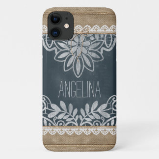 Rustic Burlap Lace Chalkboard Personalised iPhone 11 Case