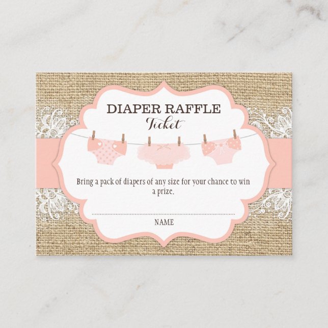 Rustic Burlap Lace Coral  Diaper Raffle Ticket Enclosure Card (Front)
