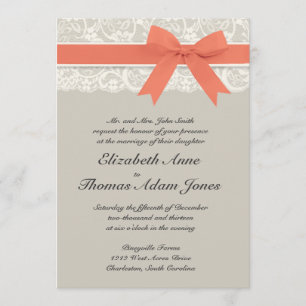 Rustic Burlap Lace Coral Grey Wedding Invitation