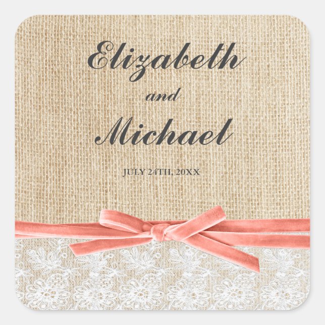 Rustic Burlap Lace Coral Ribbon Favour Label (Front)