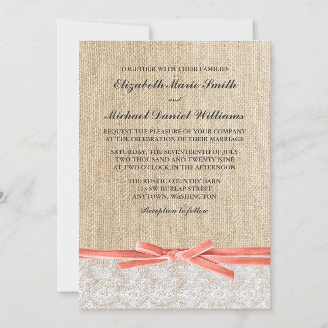 Rustic Burlap Lace Coral Ribbon Wedding Invitation (Front)