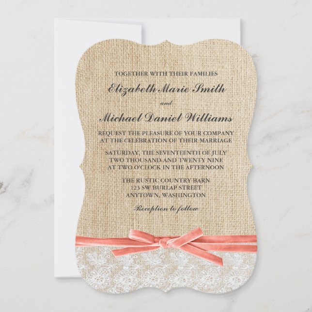 Rustic Burlap Lace Coral Ribbon Wedding Invitation (Front)