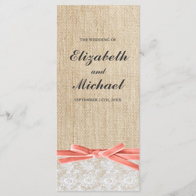 Rustic Burlap Lace Coral Ribbon Wedding Program (Front)
