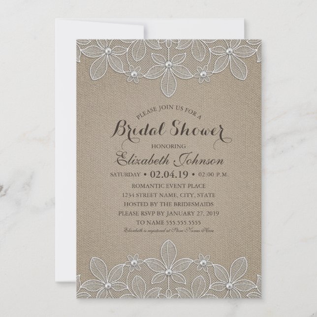 Rustic Burlap Lace Elegant Vintage Bridal Shower Invitation (Front)
