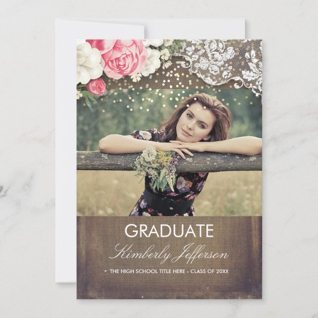 Rustic Burlap Lace Gold Confetti Photo Graduation Invitation (Front)