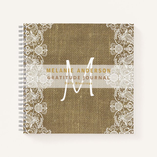 Rustic Burlap Lace Gratitude Thankfulness Journal (Front)