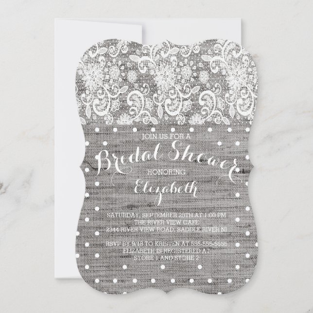 Rustic Burlap Lace Grey Bridal Shower Invitation (Front)
