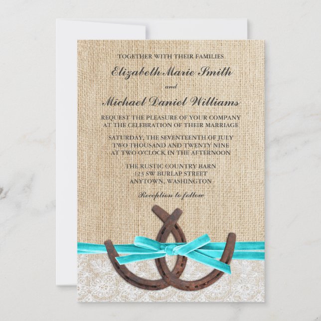 Rustic Burlap Lace Horseshoe Teal Ribbon Wedding Invitation (Front)