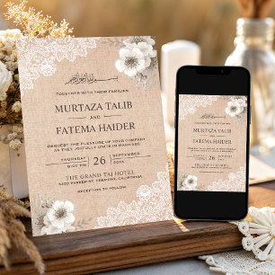 Rustic Burlap Lace Ivory Floral Islamic Wedding Invitation
