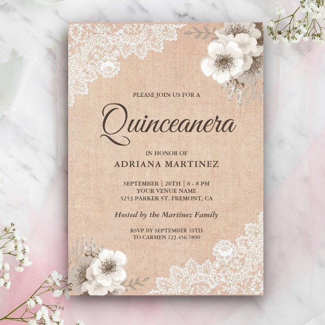 Rustic Burlap Lace Ivory Floral Quinceanera Invitation (Creator Uploaded)