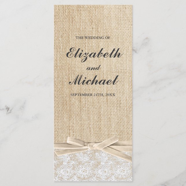 Rustic Burlap Lace Ivory Ribbon Wedding Program (Front)