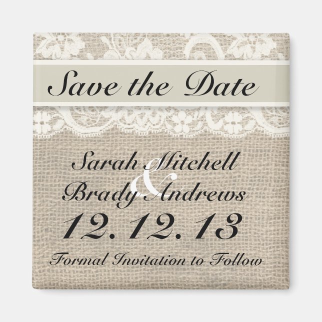 Rustic Burlap Lace Ivory Save the Date Magnet (Front)