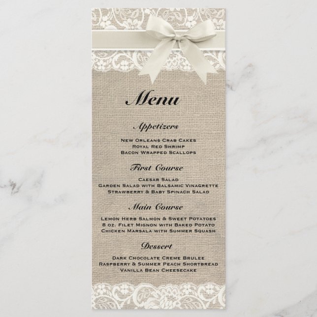 Rustic Burlap & Lace Ivory Wedding Menu (Front)